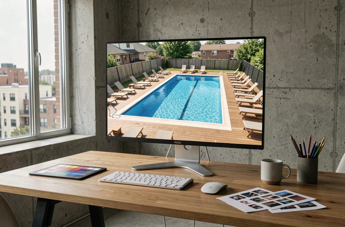 Écran de post-production affichant une photographie aérienne professionnelle d'une piscine résidentielle rectangulaire