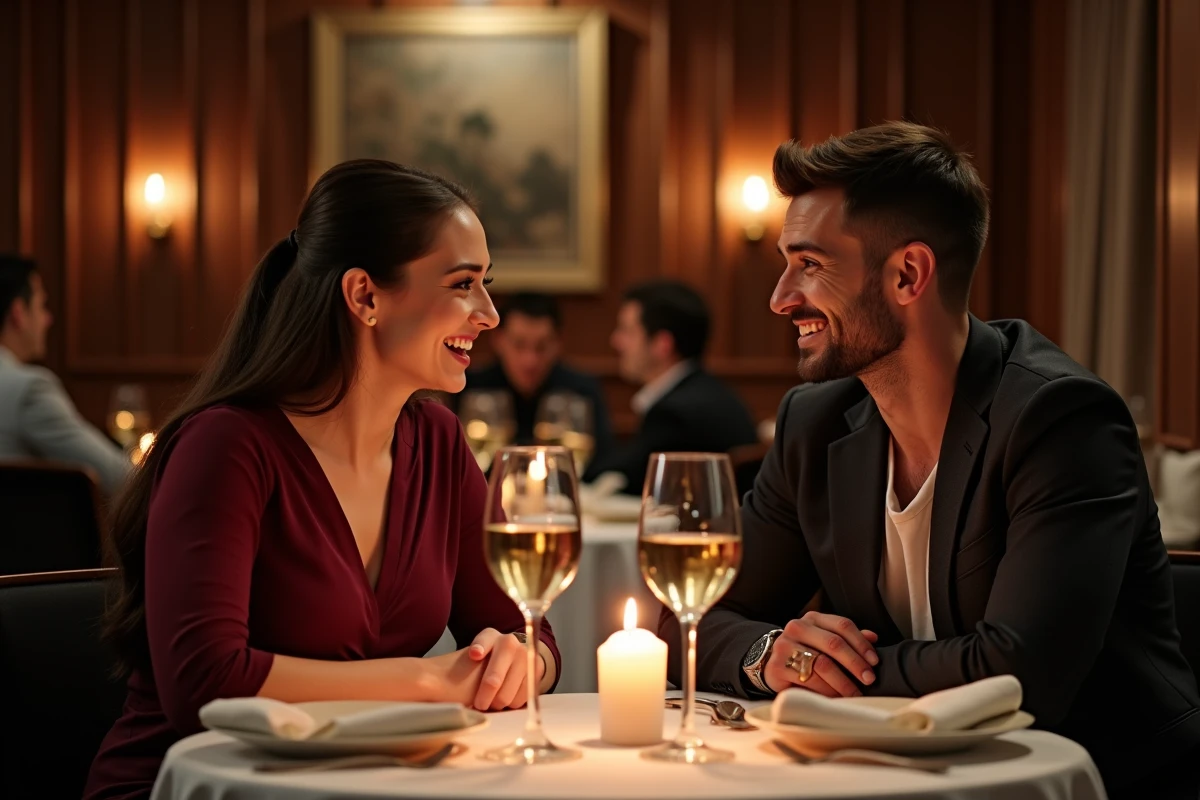 Couple se rencontrant pour un premier rendez-vous dans un restaurant raffiné après une mise en relation sur Elite Rencontre