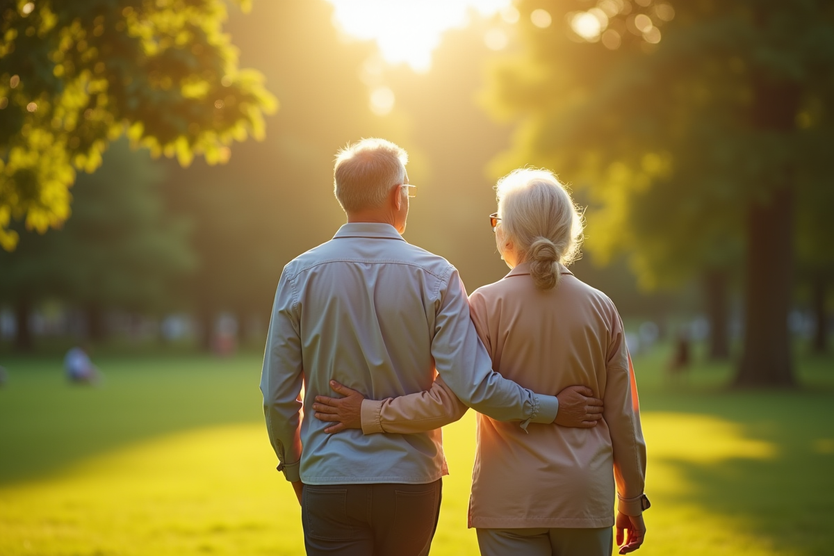 Couple mature marchant dans un parc au matin