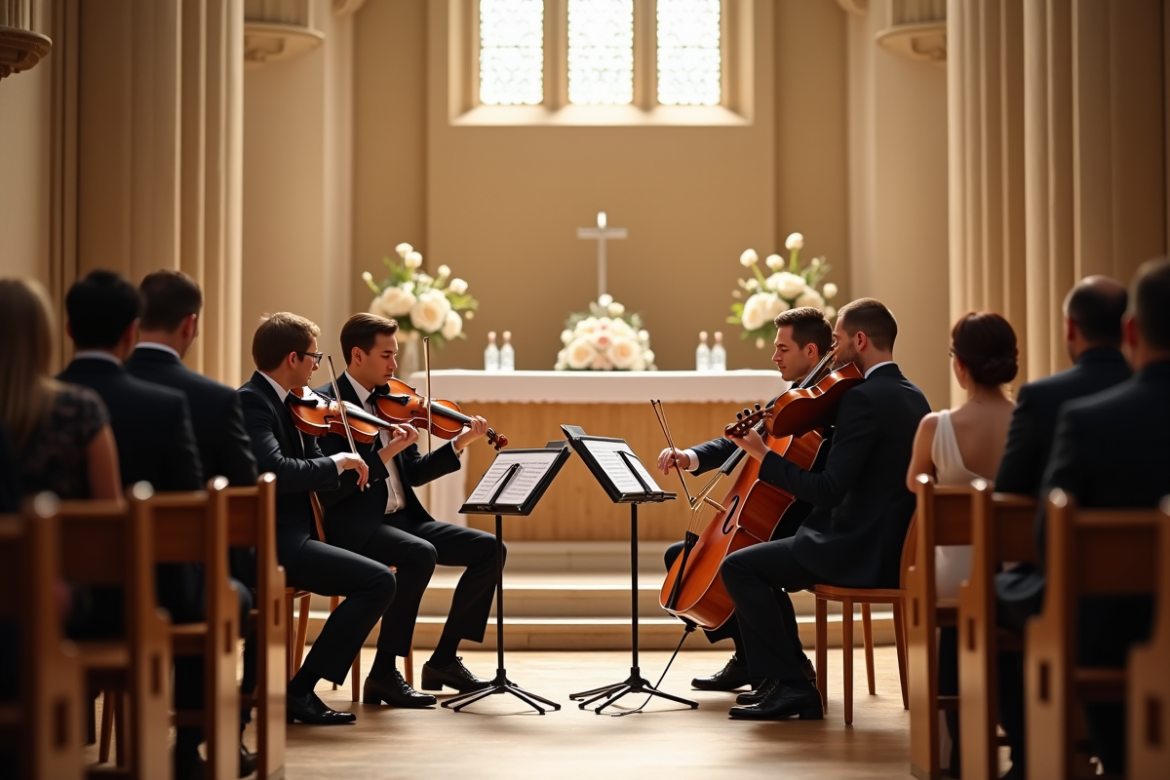 Quatuor à cordes lors d'un mariage en église ensoleillée