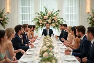 Groupe d'adultes élégants lors d'un mariage convivial