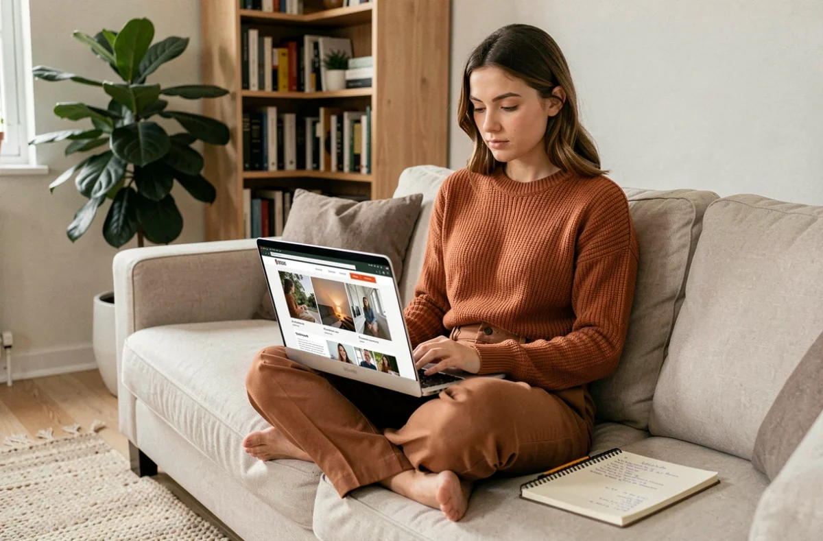 Jeune femme recherchant un photographe en ligne depuis son salon avec un ordinateur portable