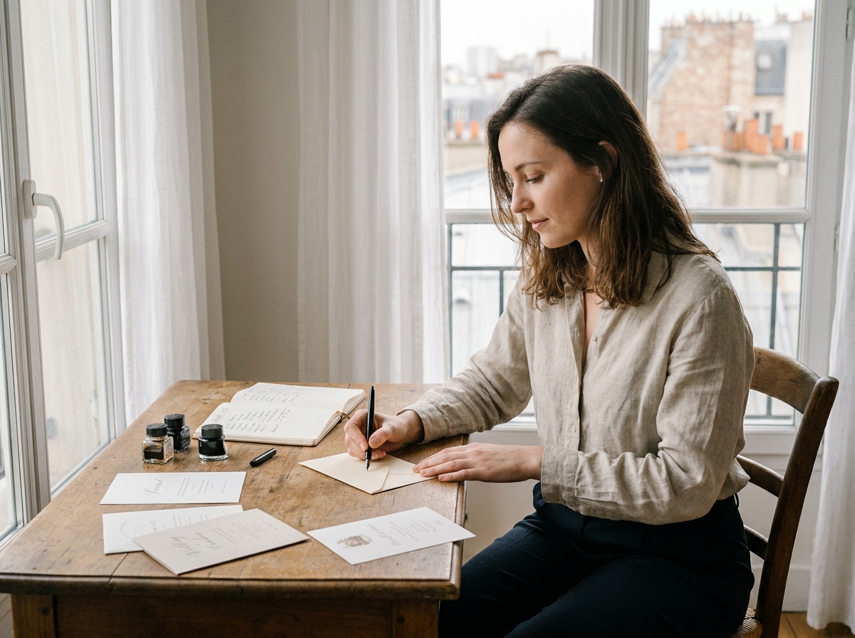Femme rédigeant des invitations de mariage à la plume calligraphique dans un bureau parisien