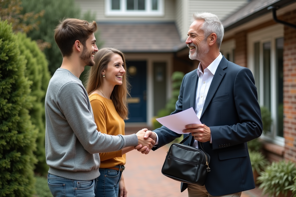 Couple saluant photographe devant maison chaleureuse