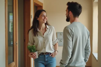 Deux voisins célibataires se rencontrent spontanément dans le couloir d'un immeuble, illustrant l'idée de faire des rencontres de proximité en 2026