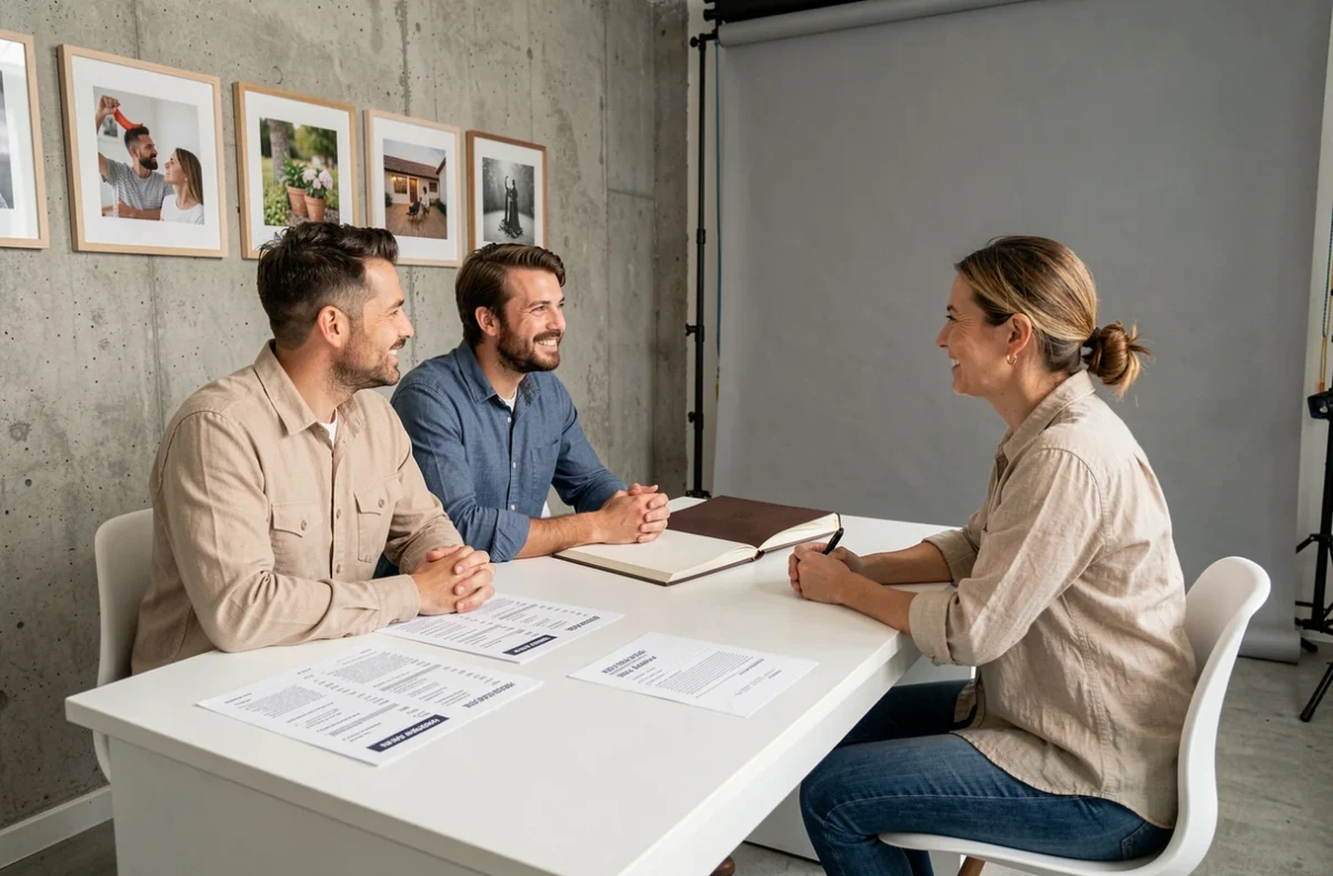 Couple discutant du budget photo avec une photographe professionnelle dans un studio à Mérignac