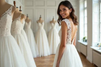 Femme en robe courte de mariée ivoire style A-line dans une boutique de mariage parisienne