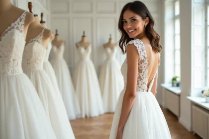 Femme en robe courte de mariée ivoire style A-line dans une boutique de mariage parisienne