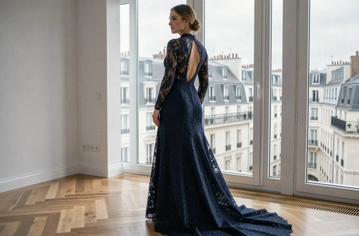 Robe de mariée dentelle bleu marine dos ouvert dans un appartement parisien moderne