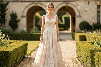 Femme en robe de mariée dentelle ivoire coupe A-line dans un jardin de château français