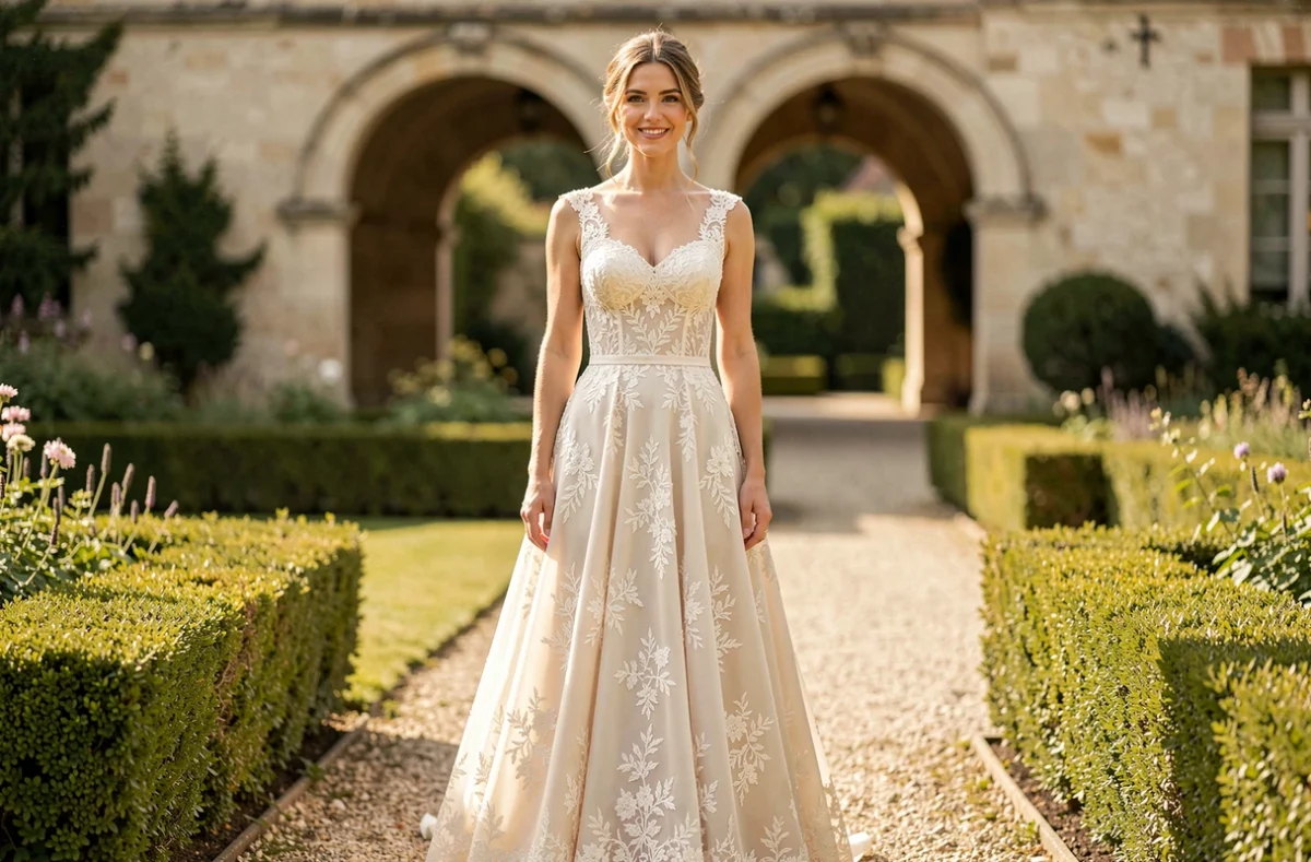 Femme en robe de mariée dentelle ivoire coupe A-line dans un jardin de château français
