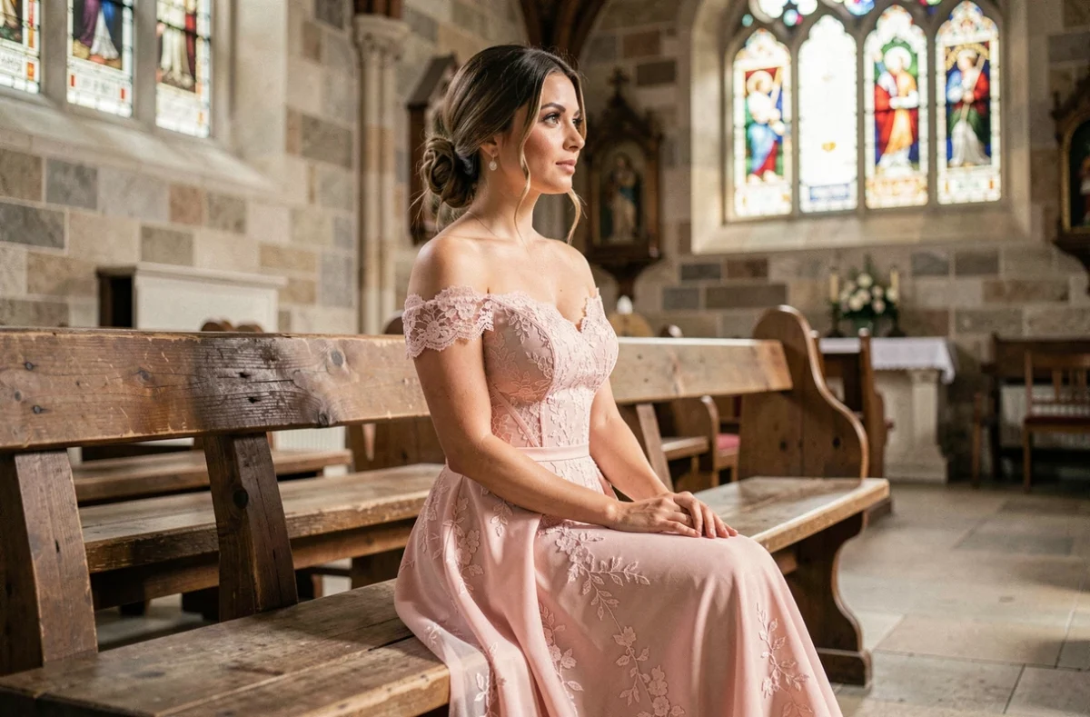 Robe de mariée dentelle rose poudré épaules dénudées dans une église en pierre