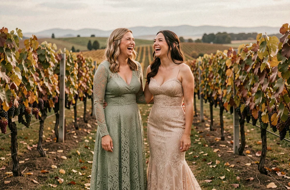 Mariée en robe dentelle champagne et demoiselle en dentelle verte dans un vignoble en automne