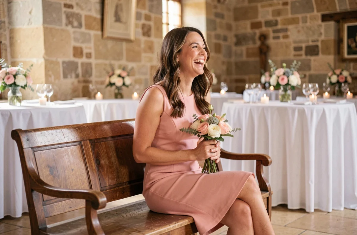 Femme assise à l'aise en robe fourreau rose dans une salle de réception de mariage en château