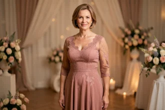 Maman de la mariée en robe longue en mousseline rose poudré avec dentelle dans une salle de réception de mariage élégante