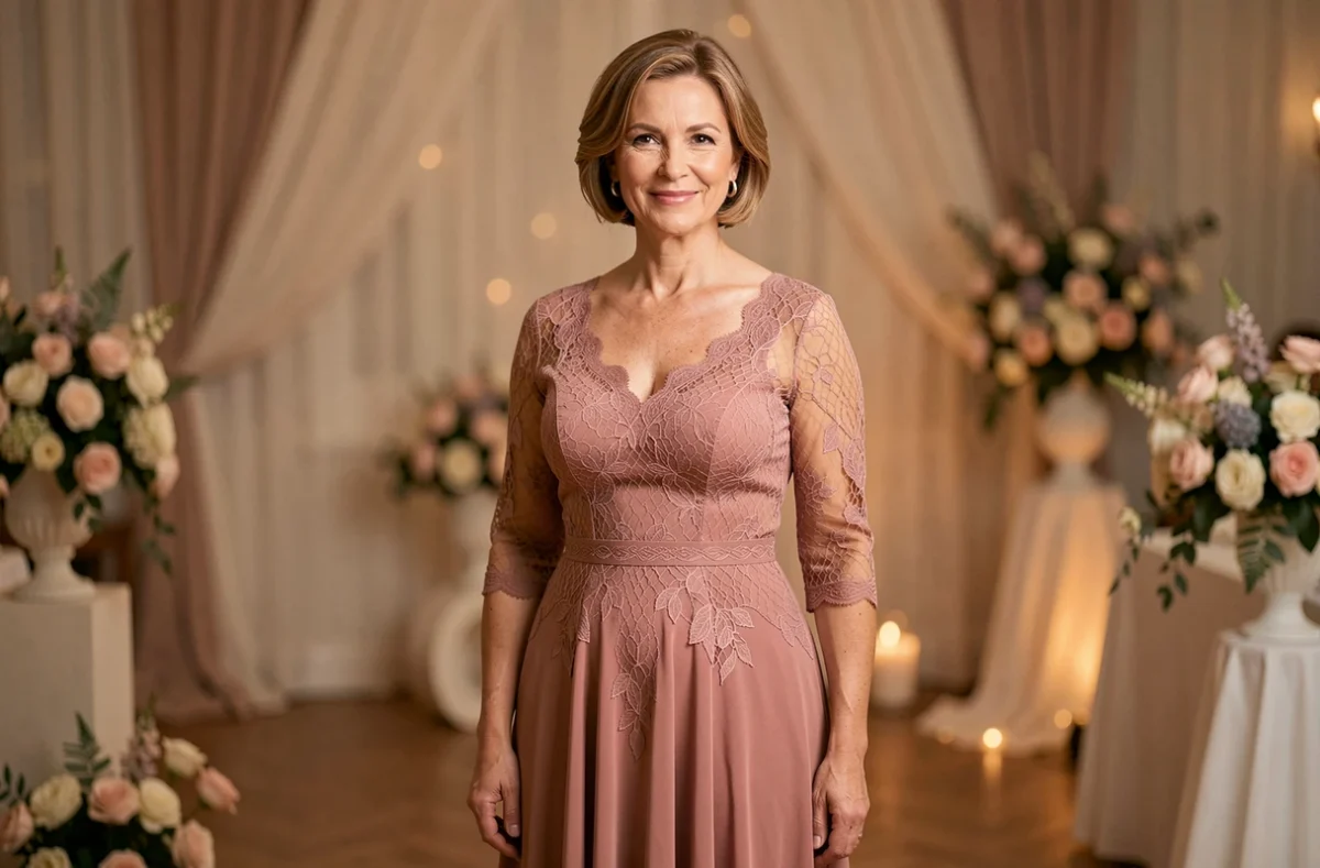 Maman de la mariée en robe longue en mousseline rose poudré avec dentelle dans une salle de réception de mariage élégante