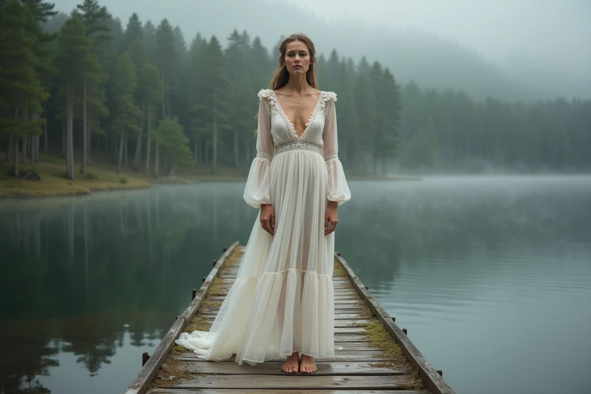 Mariée en robe bohème dentelle et soie organique sur un ponton en bois au bord d'un lac forestier dans la brume