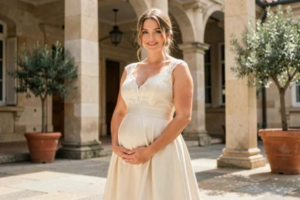 Femme enceinte en robe de mariée civile ivoire coupe empire avec dentelle, posant dans une cour de mairie française