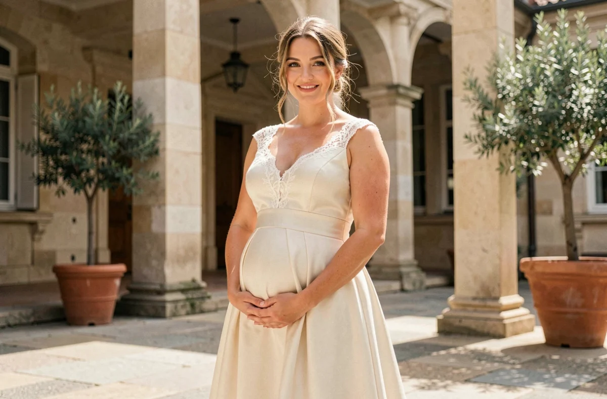 Femme enceinte en robe de mariée civile ivoire coupe empire avec dentelle, posant dans une cour de mairie française