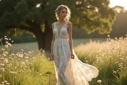 Mariée en robe bohème dentelle éco-responsable en coton bio dans une prairie de fleurs sauvages