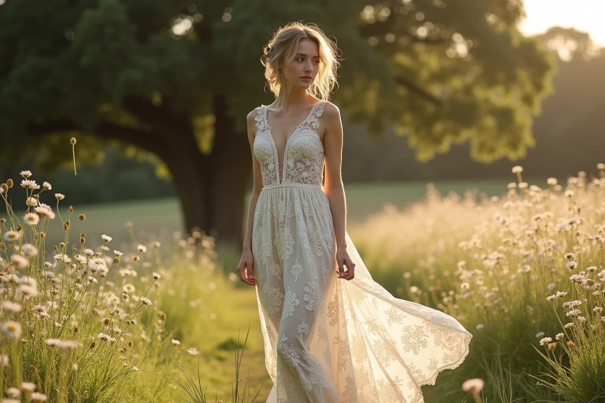 Mariée en robe bohème dentelle éco-responsable en coton bio dans une prairie de fleurs sauvages