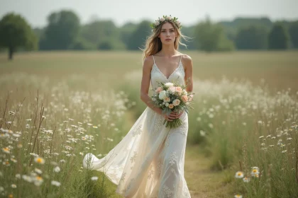 Femme en robe de mariée champêtre fleurie en mousseline dans une prairie de marguerites, style bohème naturel