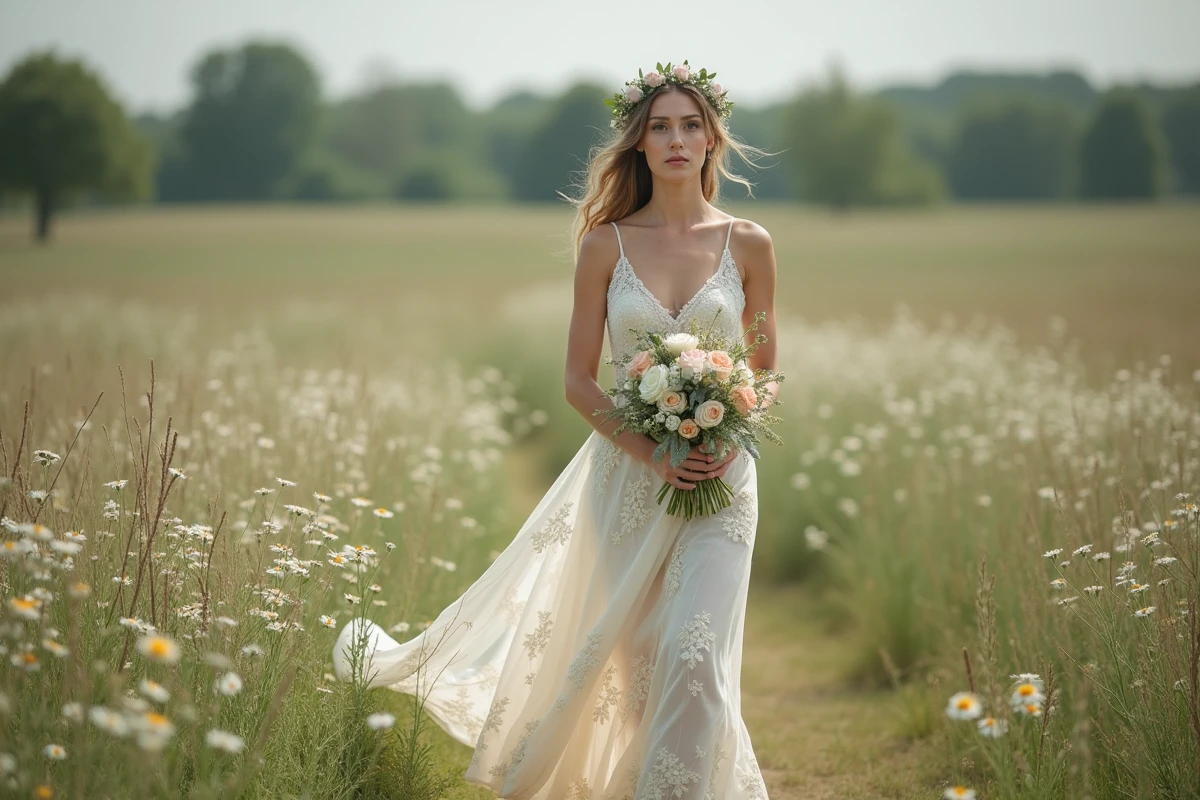 Femme en robe de mariée champêtre fleurie en mousseline dans une prairie de marguerites, style bohème naturel