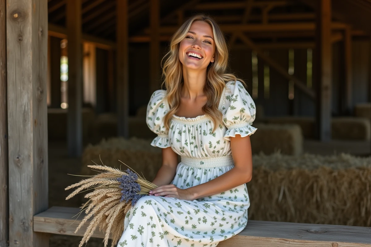 Mariée en robe champêtre fleurie en coton assise sur un banc en bois dans une grange rustique décorée