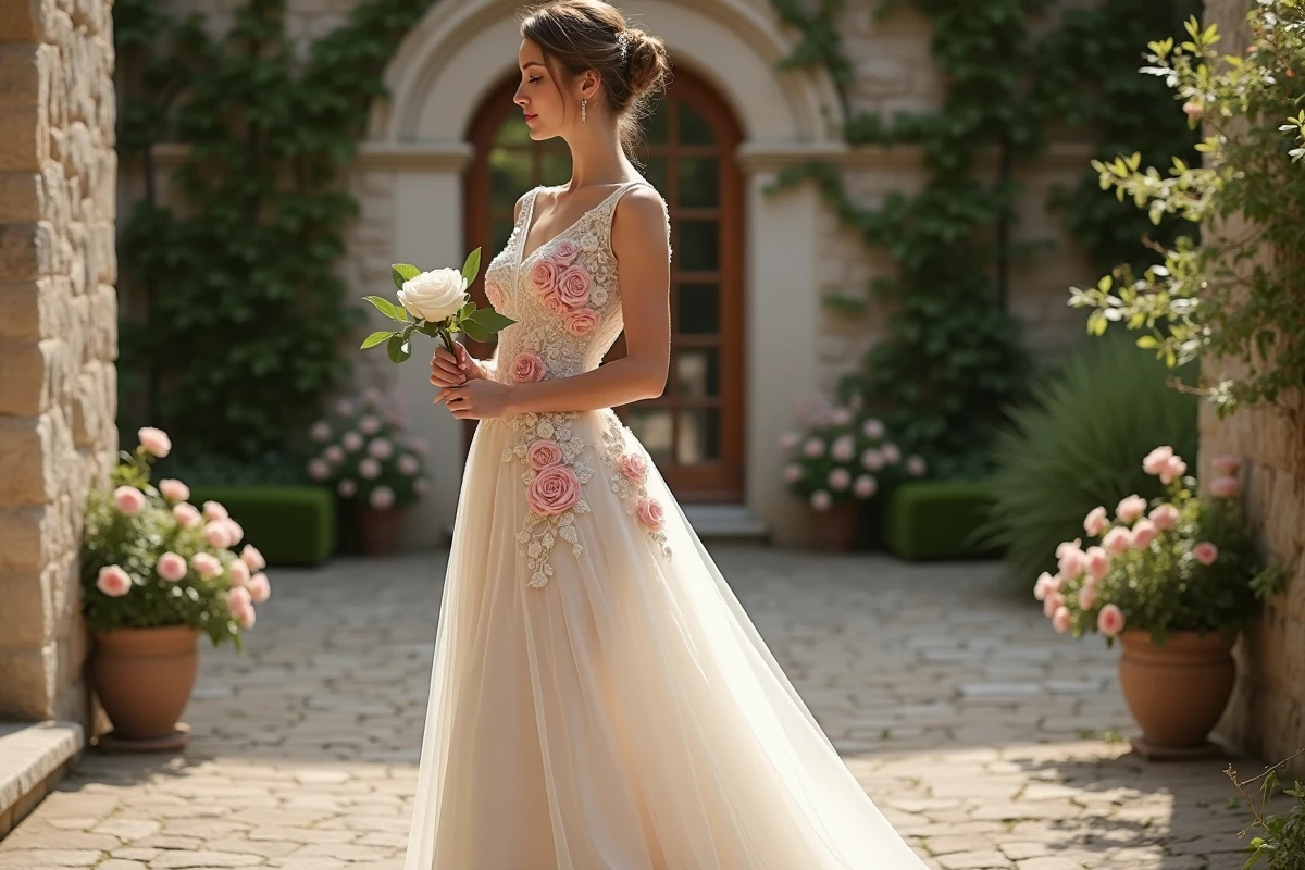 Robe de mariée chic à appliqués floraux 3D sur terrasse en pierre d'un château champêtre français