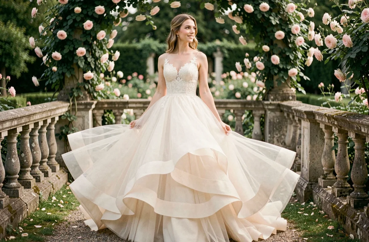 Mariée en robe de mariée ivoire en tulle volumineuse dans un jardin fleuri en France, jupe en tulle multicouche au vent