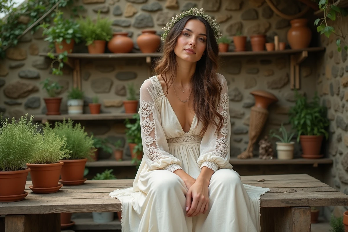 Femme portant une robe de mariée en lin naturel et dentelle artisanale dans une serre en pierre rustique