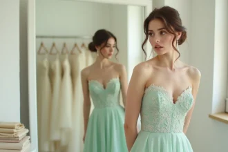 Femme essayant une robe de mariée vert d'eau dans une boutique de mariage, réfléchissant au style et aux accessoires assortis