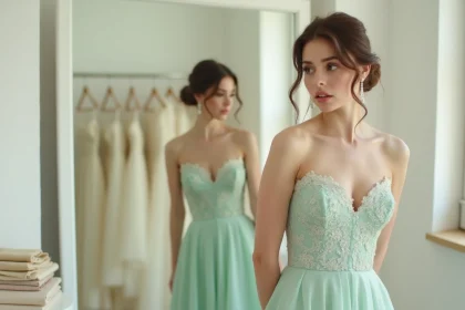 Femme essayant une robe de mariée vert d'eau dans une boutique de mariage, réfléchissant au style et aux accessoires assortis