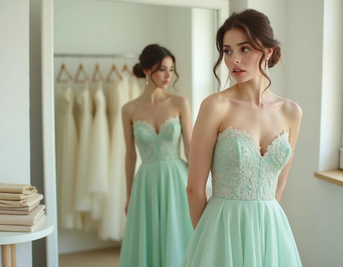 Femme essayant une robe de mariée vert d'eau dans une boutique de mariage, réfléchissant au style et aux accessoires assortis