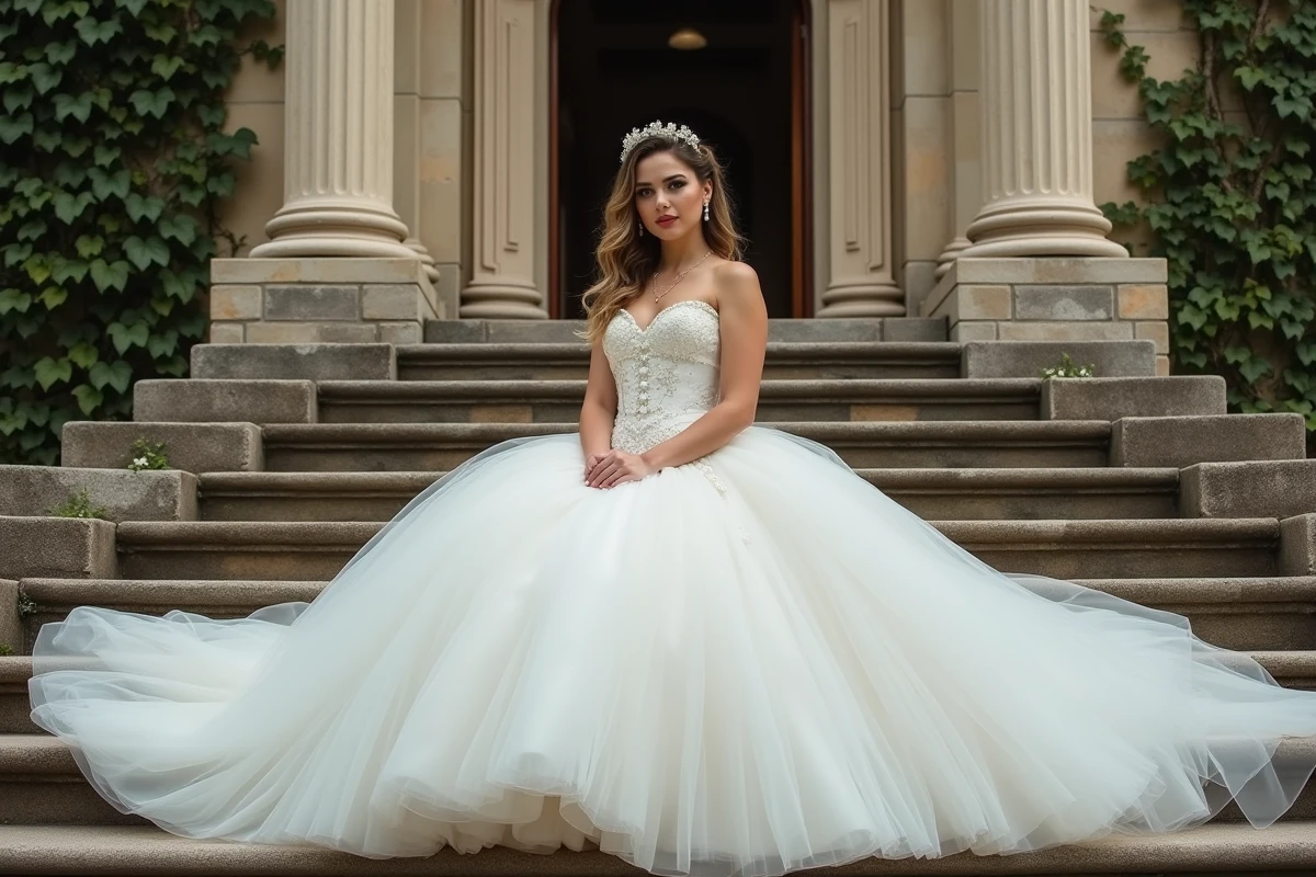 Femme grande taille en robe de mariée princesse tulle volumineuse assise sur les marches d'un château français