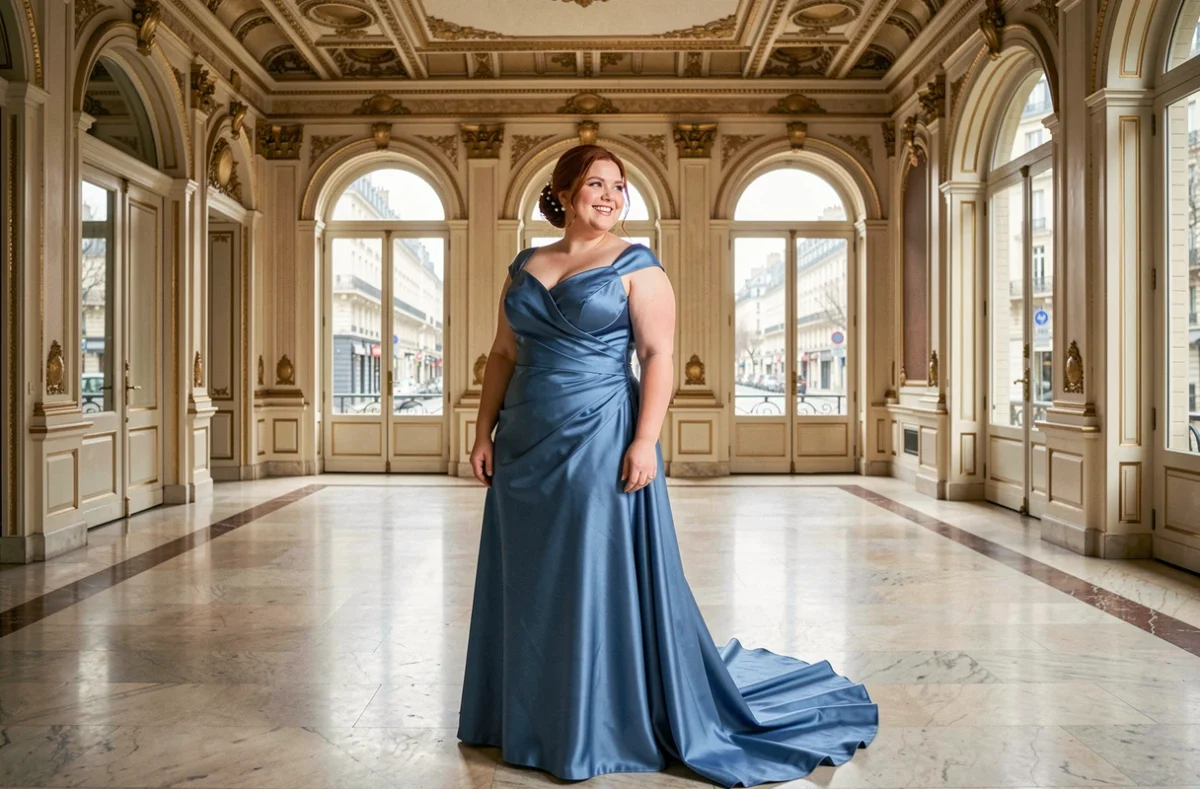 Mariée grande taille en robe bleue satin dans un couloir élégant de style haussmannien