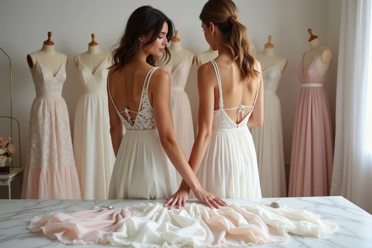 Deux femmes dans un atelier de couture parisien, l'une en robe de mariée bohème crème abordable à bretelles fines avec broderies, consultant des échantillons de tissus et accessoires pour mariage