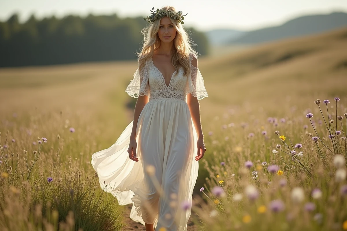 Mariée en robe bohème en dentelle et mousseline marchant pieds nus dans une prairie fleurie