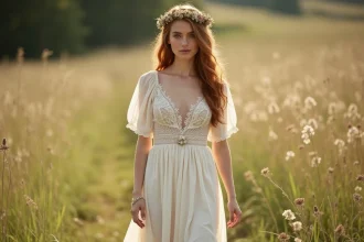 Femme portant une robe de mariée bohème ivoire avec dentelle et broderies florales, debout pieds nus dans une prairie sauvage, coiffure naturelle ornée de fleurs séchées