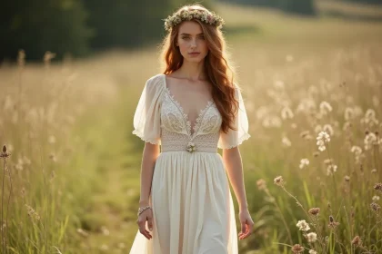 Femme portant une robe de mariée bohème ivoire avec dentelle et broderies florales, debout pieds nus dans une prairie sauvage, coiffure naturelle ornée de fleurs séchées