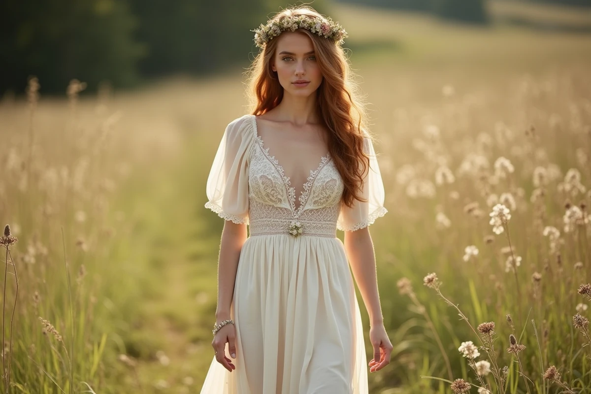 Femme portant une robe de mariée bohème ivoire avec dentelle et broderies florales, debout pieds nus dans une prairie sauvage, coiffure naturelle ornée de fleurs séchées