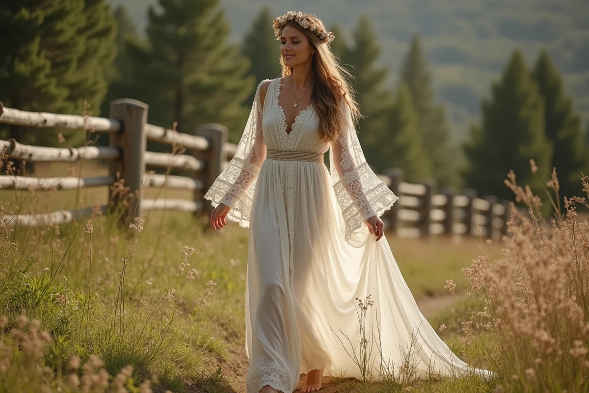 Mariée en robe bohème vintage années 70 en mousseline avec manches évasées et ceinture macramé dans une prairie fleurie