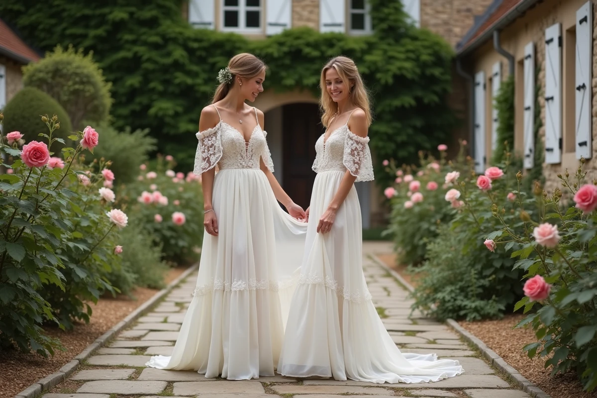 Deux femmes dans un jardin de campagne française, l'une en robe de mariée bohème champêtre pas chère aux motifs brodés