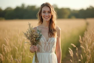 Jeune mariée en robe champêtre bohème pas chère dans un champ de fleurs sauvages, style éditorial naturel