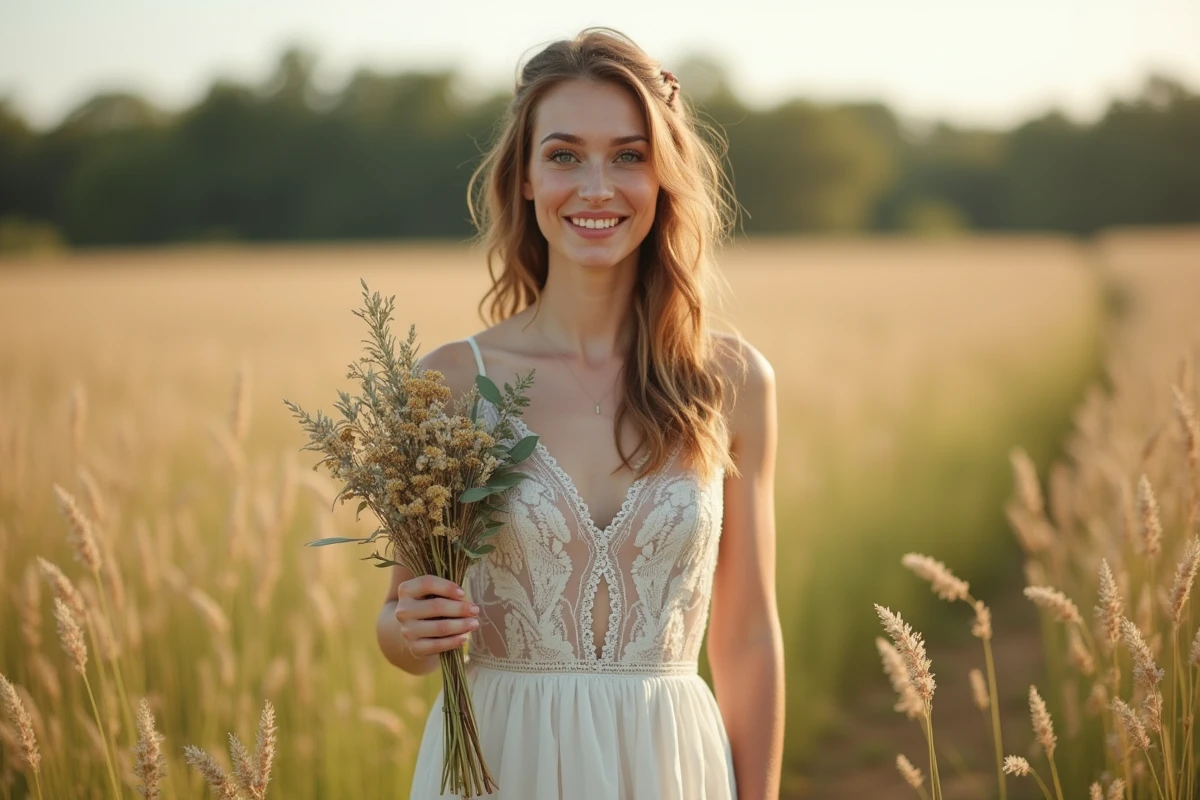 Jeune mariée en robe champêtre bohème pas chère dans un champ de fleurs sauvages, style éditorial naturel