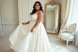 Femme ronde épanouie en robe de mariée en dentelle ivoire coupe A-line dans une boutique de mariage élégante