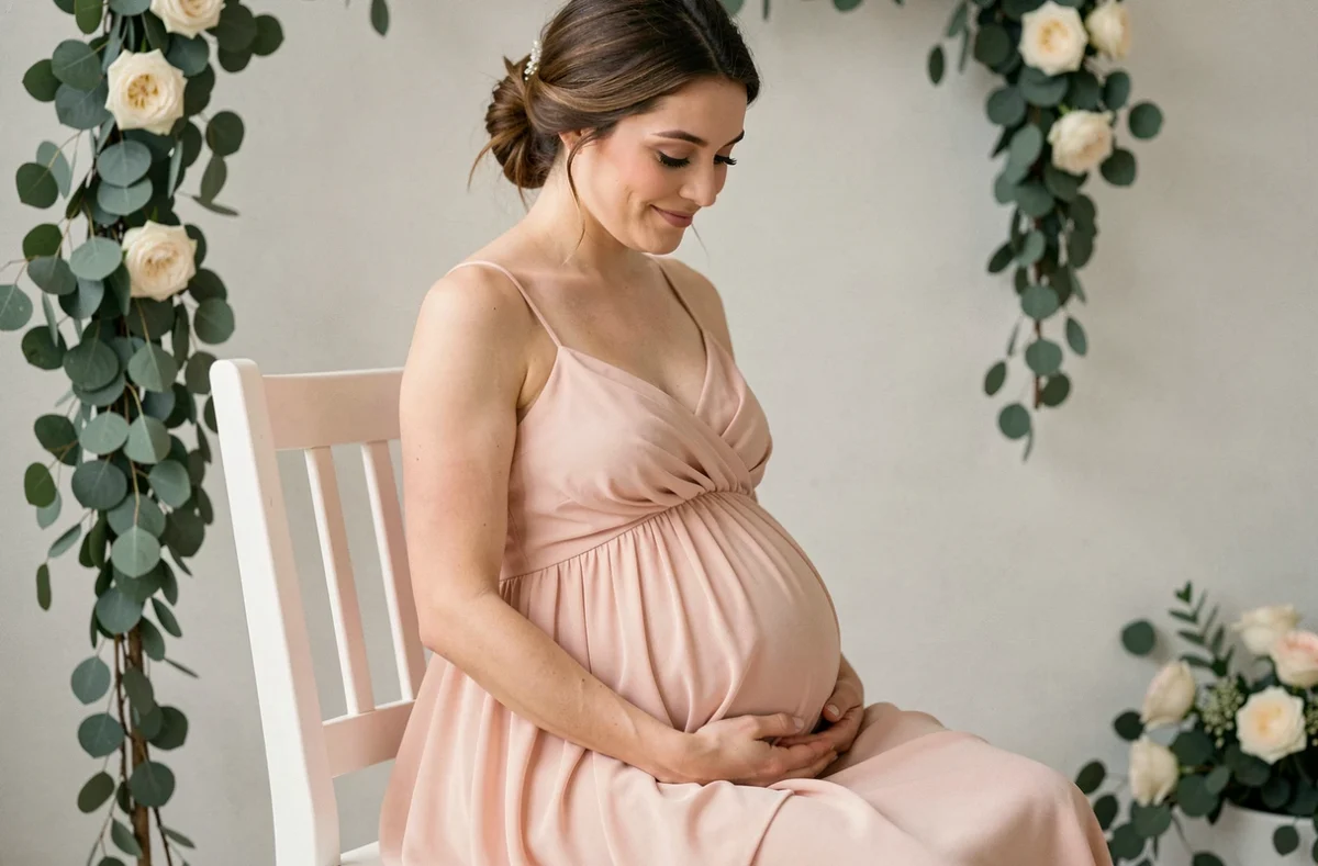 Future mariée enceinte assise en robe fluide en mousseline blush empire dans une salle de mariage civil minimaliste décorée d'eucalyptus