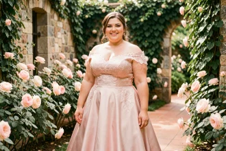 Femme ronde en robe de mariée rose blush à dentelle dans un jardin botanique fleuri