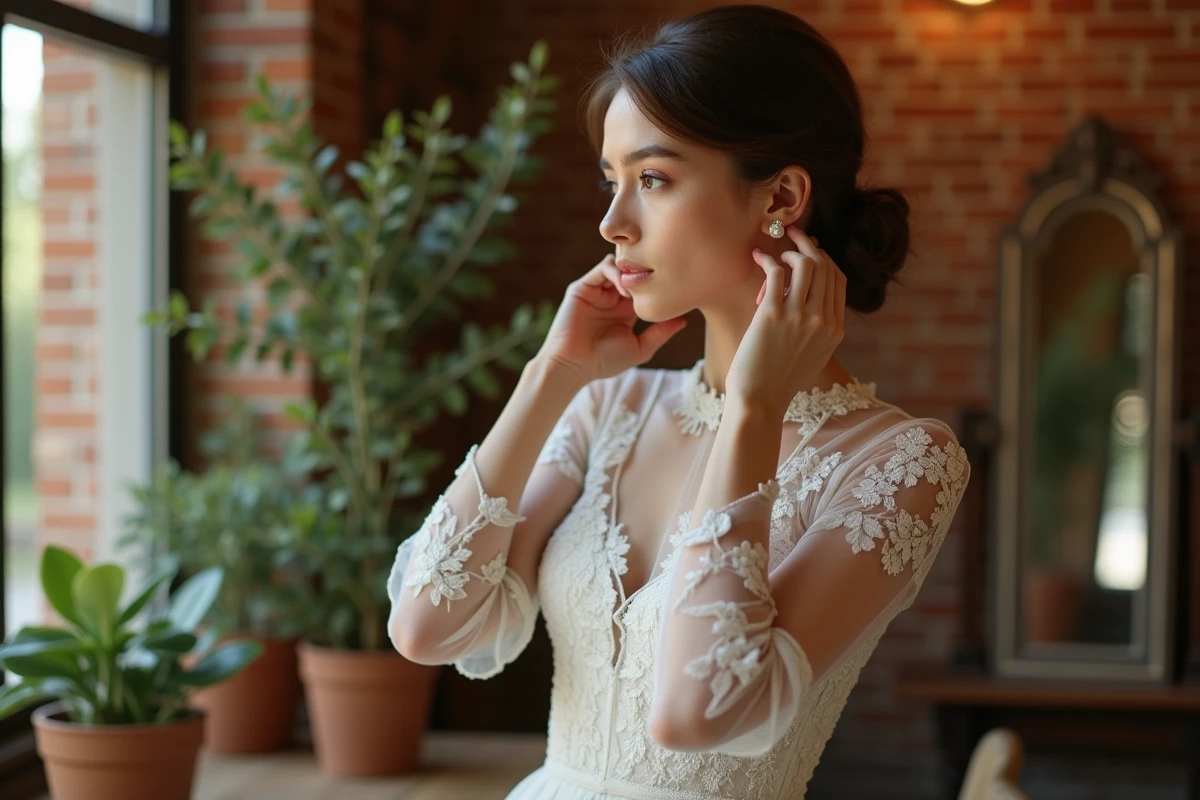 Mariée en robe de mariée dentelle transparente à manches hautes dans une salle de réception intimiste pour mariage civil