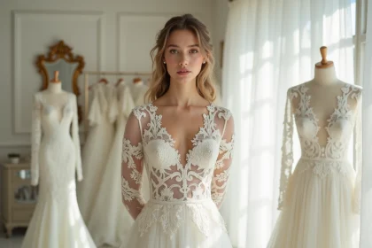 Petite mariée en robe longue à manches en dentelle dans une boutique de mariée parisienne